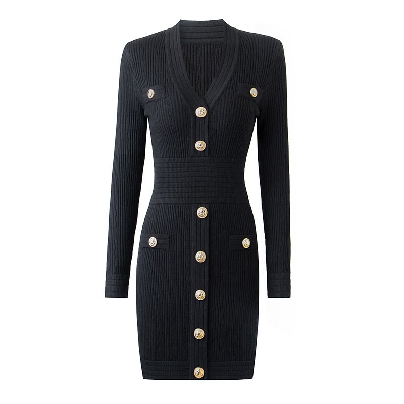 2024 fall women's dress black long-sleeved dress rivet buckle High waist solid color mid-skirt knitted dress