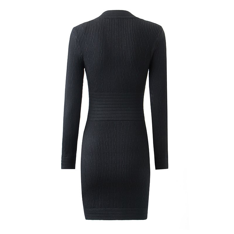 2024 fall women's dress black long-sleeved dress rivet buckle High waist solid color mid-skirt knitted dress