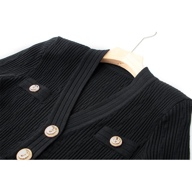 2024 fall women's dress black long-sleeved dress rivet buckle High waist solid color mid-skirt knitted dress