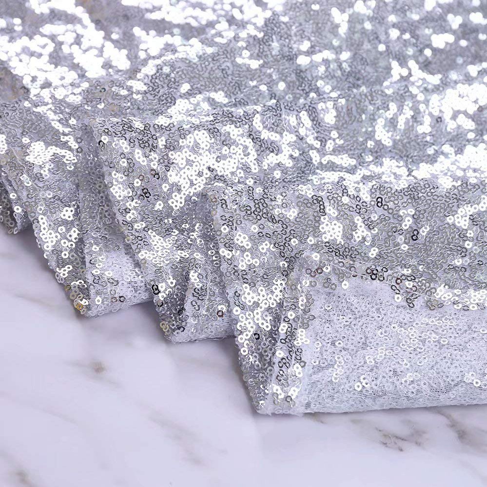 Cheap Fancy Beaded Tulle Mesh Lace Sequin Fabrics 3mm Silver Flash Fabric