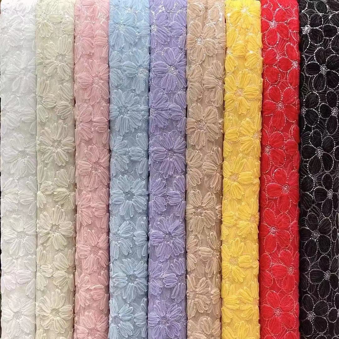 Wholesale Sequin Embroidery Drop Shipping Tulle luxury Big French Lace Beaded Embroidery Fabric for Baby&Kids