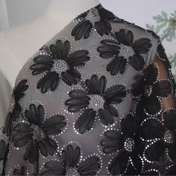 Wholesale Sequin Embroidery Drop Shipping Tulle luxury Big French Lace Beaded Embroidery Fabric for Baby&Kids