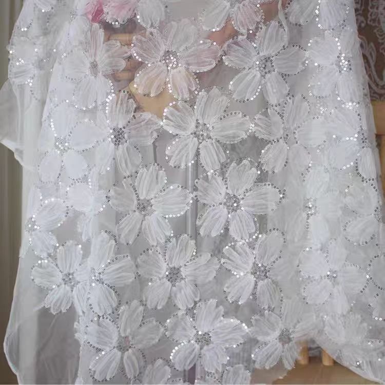 Wholesale Sequin Embroidery Drop Shipping Tulle luxury Big French Lace Beaded Embroidery Fabric for Baby&Kids
