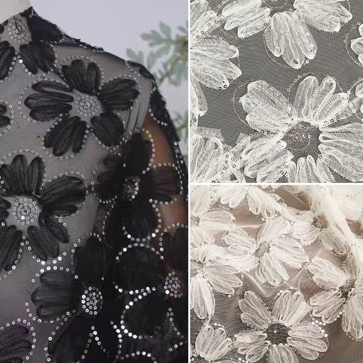 Wholesale Sequin Embroidery Drop Shipping Tulle luxury Big French Lace Beaded Embroidery Fabric for Baby&Kids