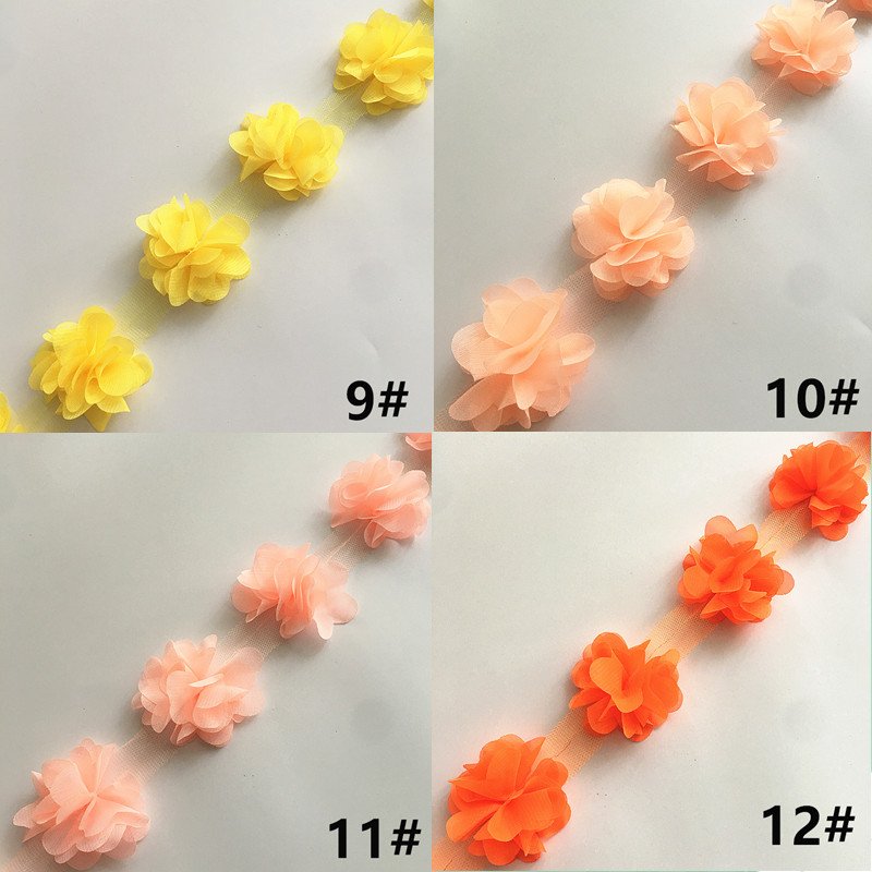 Wholesale width 5CM Multicolor 12 Flower 3D Chiffon Lace ribbon for hair and dresses XF03 24 flowers per yard