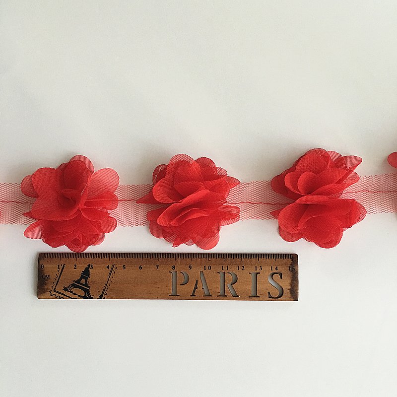 Wholesale width 5CM Multicolor 12 Flower 3D Chiffon Lace ribbon for hair and dresses XF03 24 flowers per yard