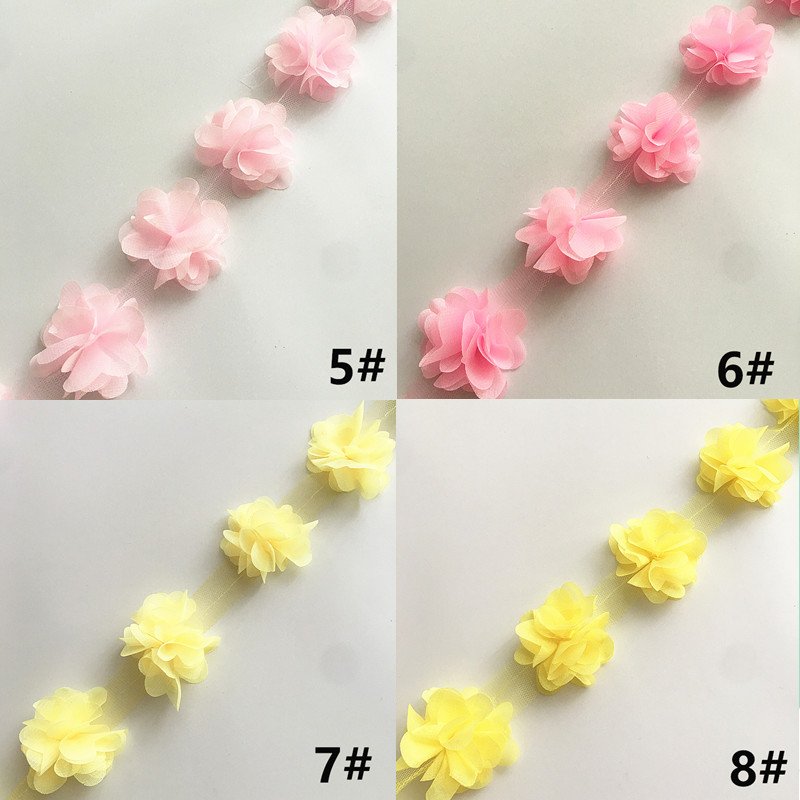 Wholesale width 5CM Multicolor 12 Flower 3D Chiffon Lace ribbon for hair and dresses XF03 24 flowers per yard