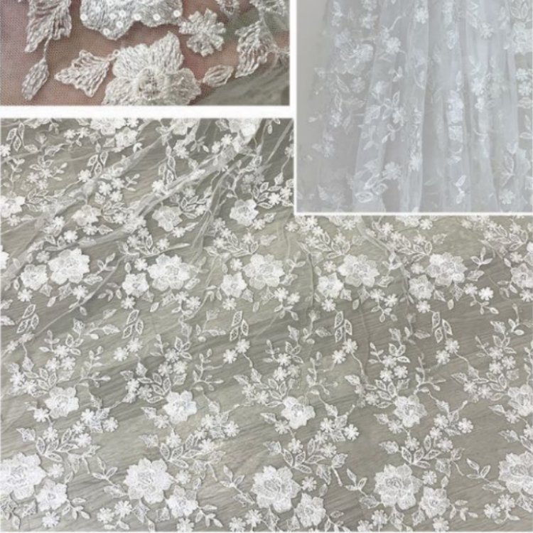 affinity novel design golden supplier shiny 100% polyester sequin bridal heavy lace embroidery fabrics wedding dress