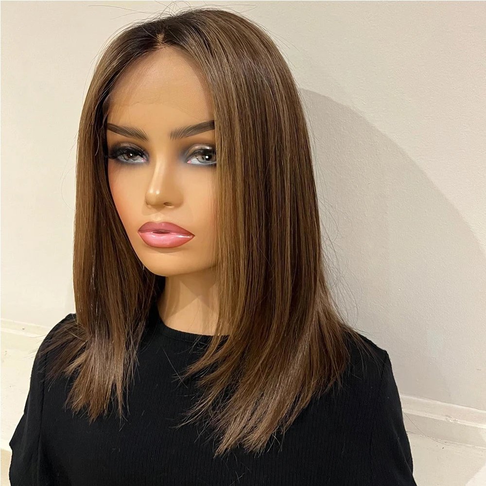 Layer Cut Brown Highlight Color Short Bob Wig Virgin Brazilian Cuticle Human Hair Transparent HD Lace Front Wigs
