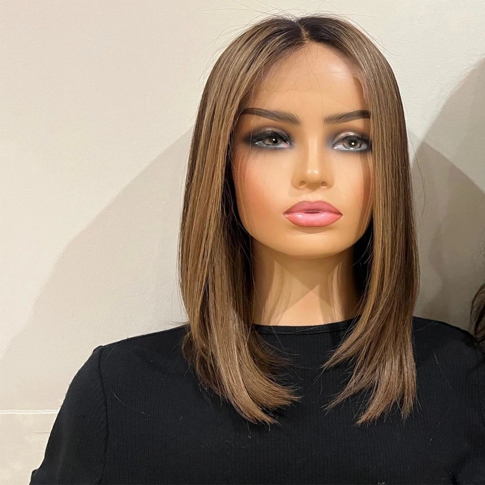 Layer Cut Brown Highlight Color Short Bob Wig Virgin Brazilian Cuticle Human Hair Transparent HD Lace Front Wigs
