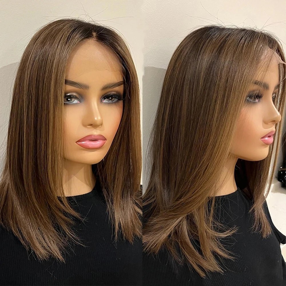 Layer Cut Brown Highlight Color Short Bob Wig Virgin Brazilian Cuticle Human Hair Transparent HD Lace Front Wigs