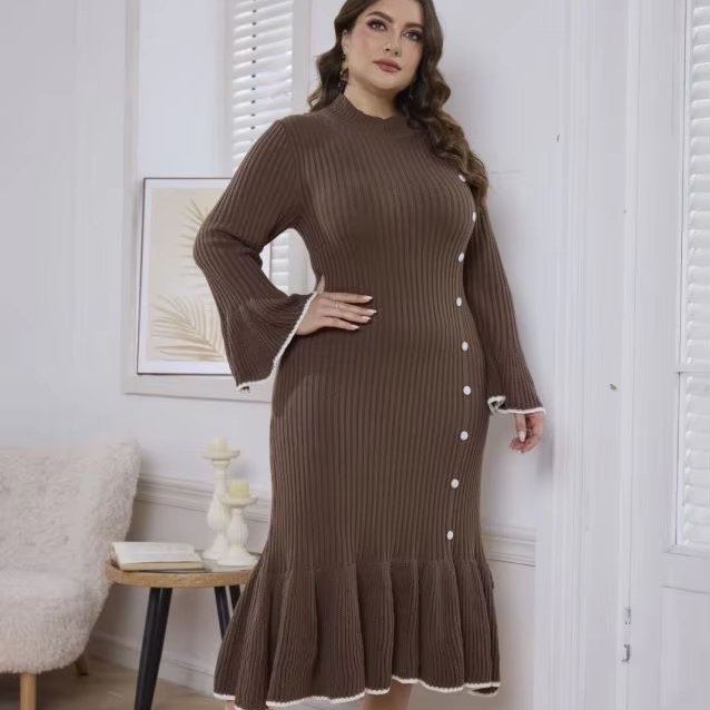 factory ODM Supply fishtail Casual Ribbed Knit Dress Custom Turtleneck Long sleeve Women's Sweater dress