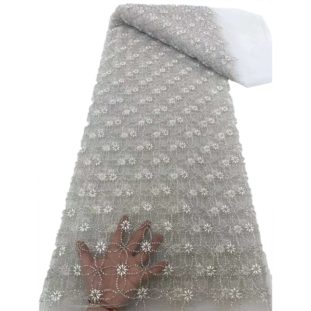 NI.AI Fashion Lace Fabric Shiny Sequins Beaded French Tulle Net Embroidery Fabric for Wedding Dress Elegant Lace