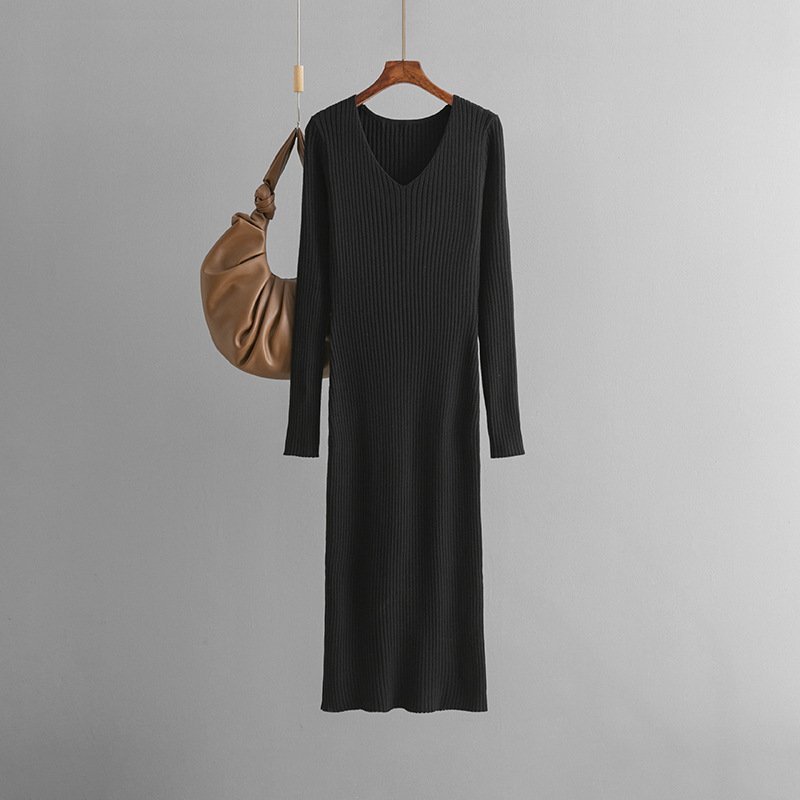 Autumn winter V-neck knitted dress straight slim long-sleeved solid ribbed split sweater knitted jumper dress