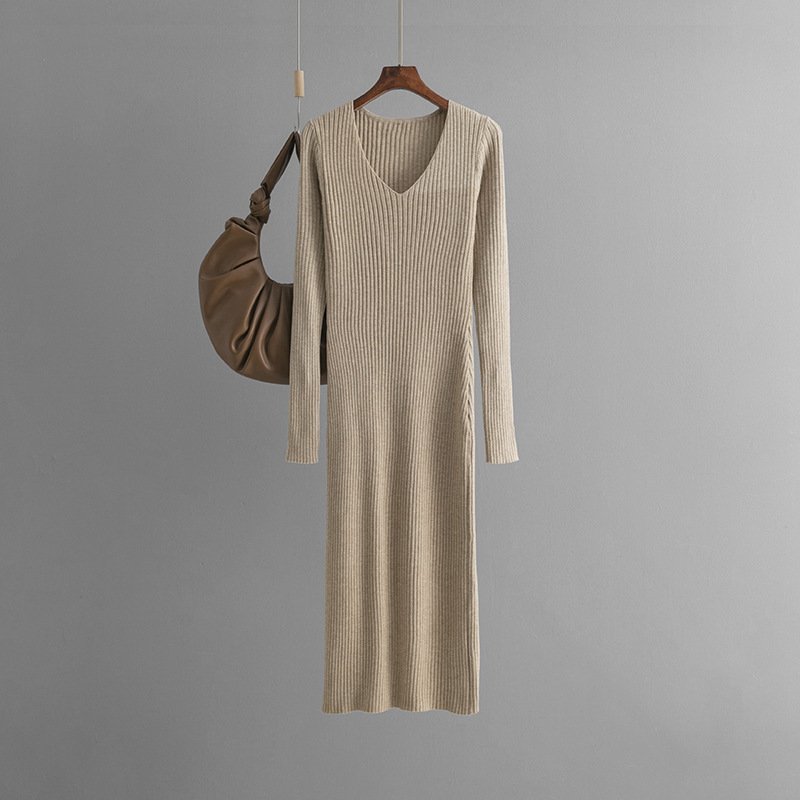 Autumn winter V-neck knitted dress straight slim long-sleeved solid ribbed split sweater knitted jumper dress