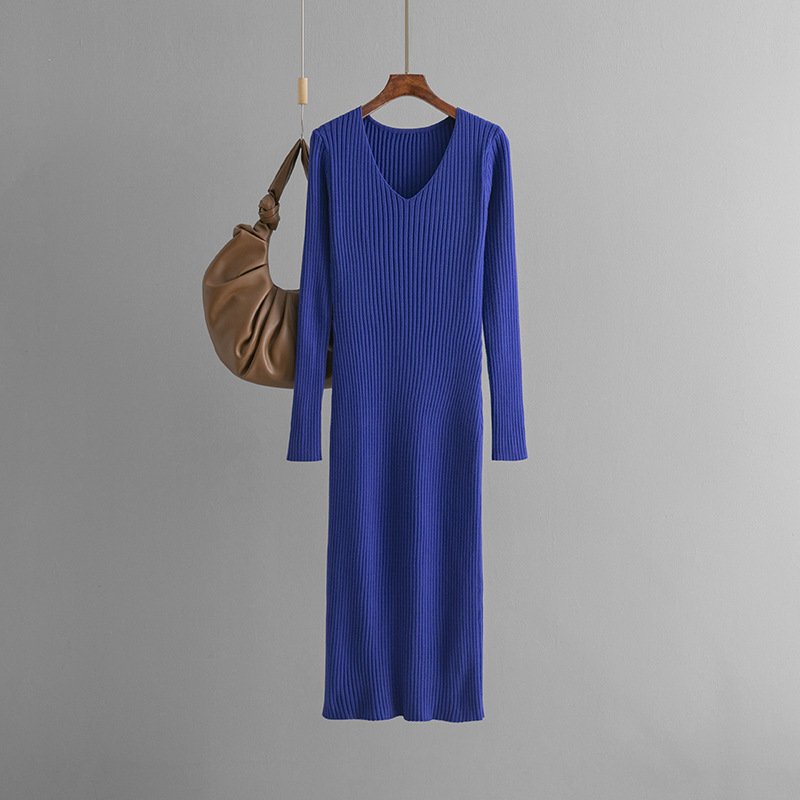 Autumn winter V-neck knitted dress straight slim long-sleeved solid ribbed split sweater knitted jumper dress