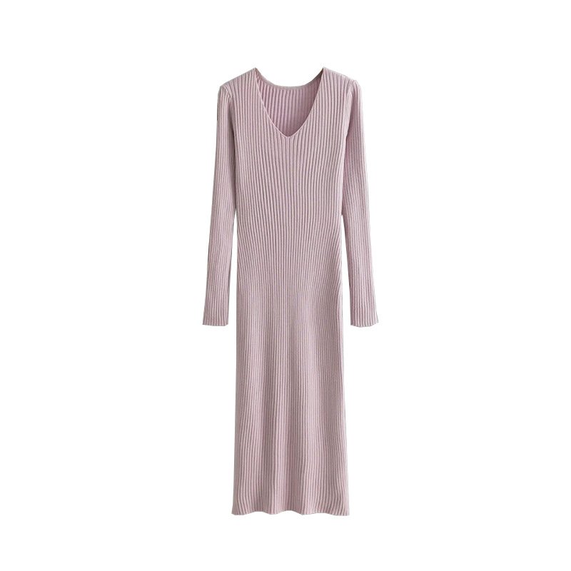 Autumn winter V-neck knitted dress straight slim long-sleeved solid ribbed split sweater knitted jumper dress