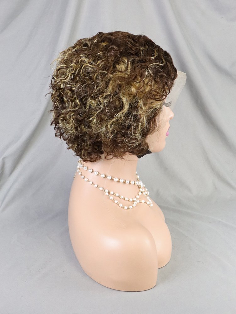 Pixie Cut Short Water Wave Curly 4/27 Honey Blonde Ombre Color Bob Wig Wholesale Virgin Human Hair 13x4 Lace Frontal Pixie Wig