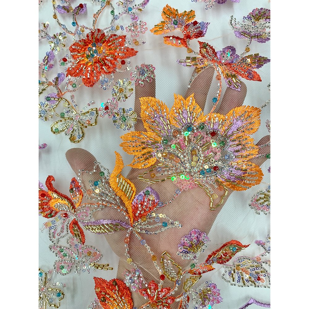Chinese Supplier New Design Colorful Beaded Lace Embroidery Fabric Mesh Embroidered Lace Fabric