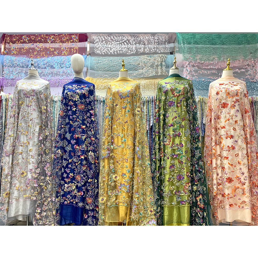 Chinese Supplier New Design Colorful Beaded Lace Embroidery Fabric Mesh Embroidered Lace Fabric