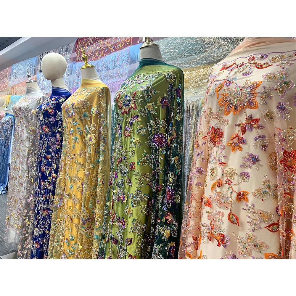 Chinese Supplier New Design Colorful Beaded Lace Embroidery Fabric Mesh Embroidered Lace Fabric