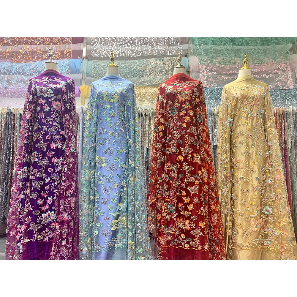 Chinese Supplier New Design Colorful Beaded Lace Embroidery Fabric Mesh Embroidered Lace Fabric