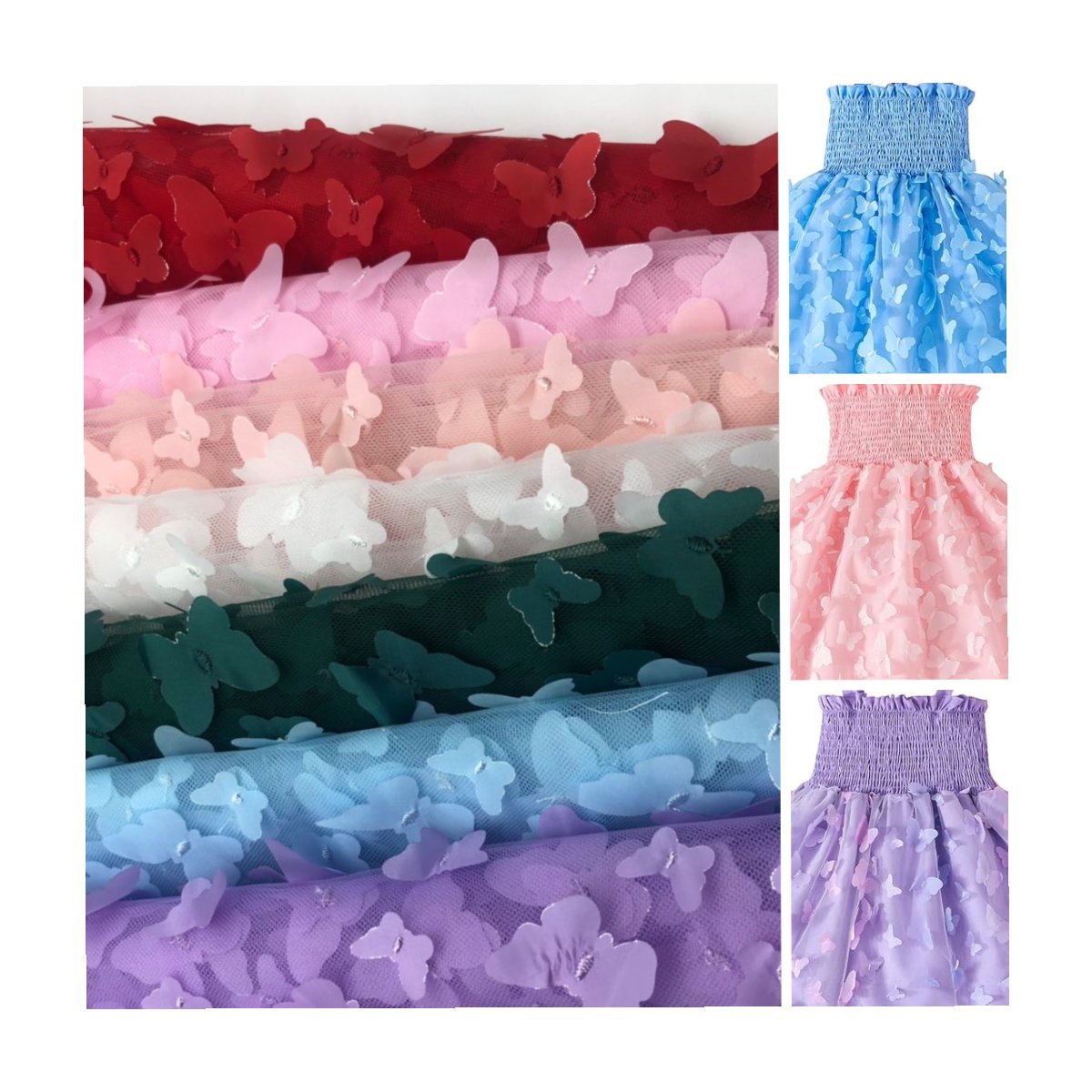 Wholesale 100% Polyester Low Price 3d Laser Colorful Butterfly Applique Lace Tulle fabric embroidery Mesh fabric For Girls