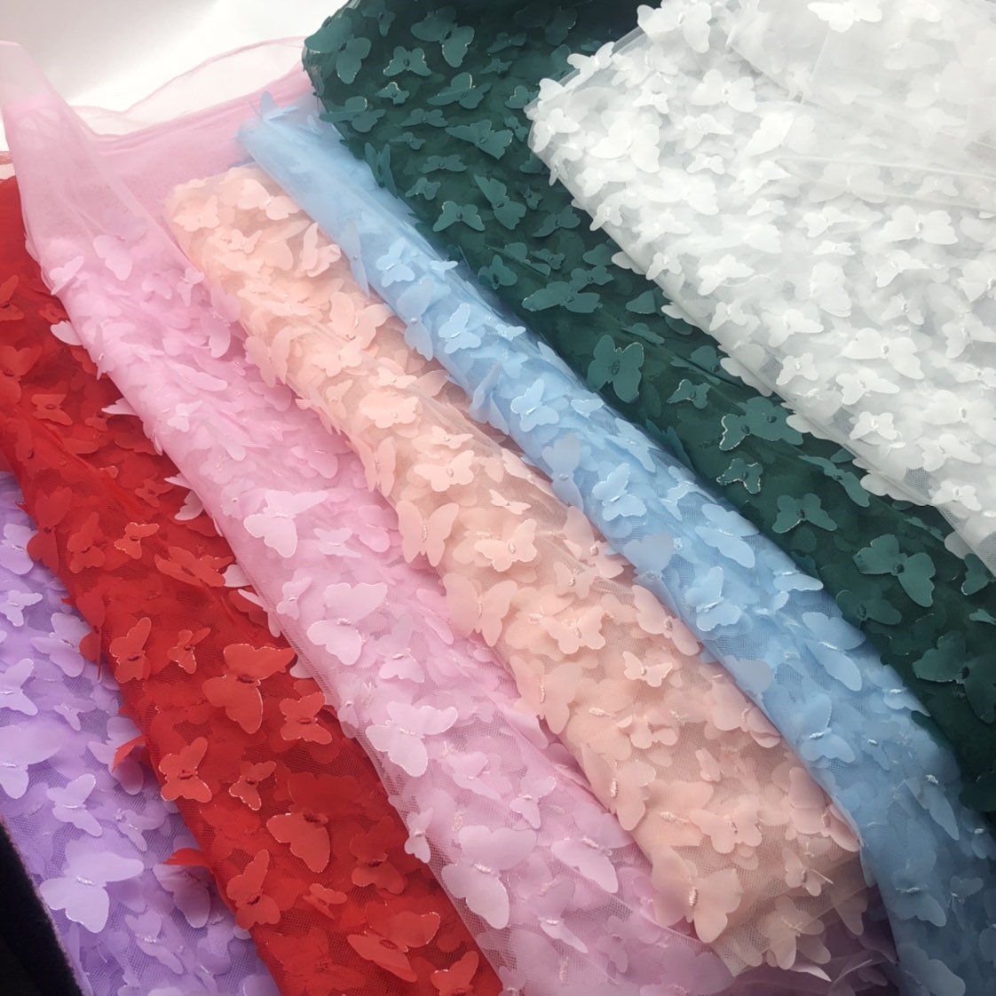 Wholesale 100% Polyester Low Price 3d Laser Colorful Butterfly Applique Lace Tulle fabric embroidery Mesh fabric For Girls