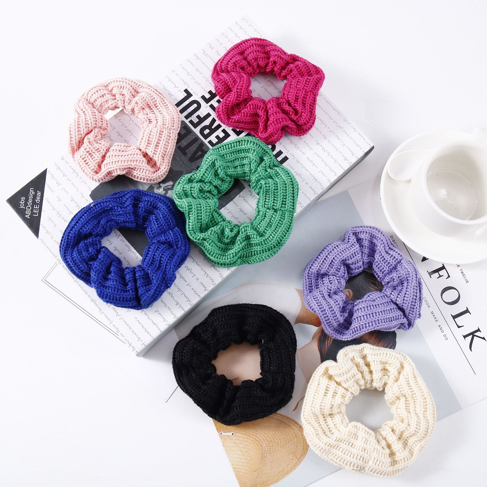 Autumn Winter Ponytail Hair accessories woolen Solid Color Elastic Rib Knit Scrunchies For Women