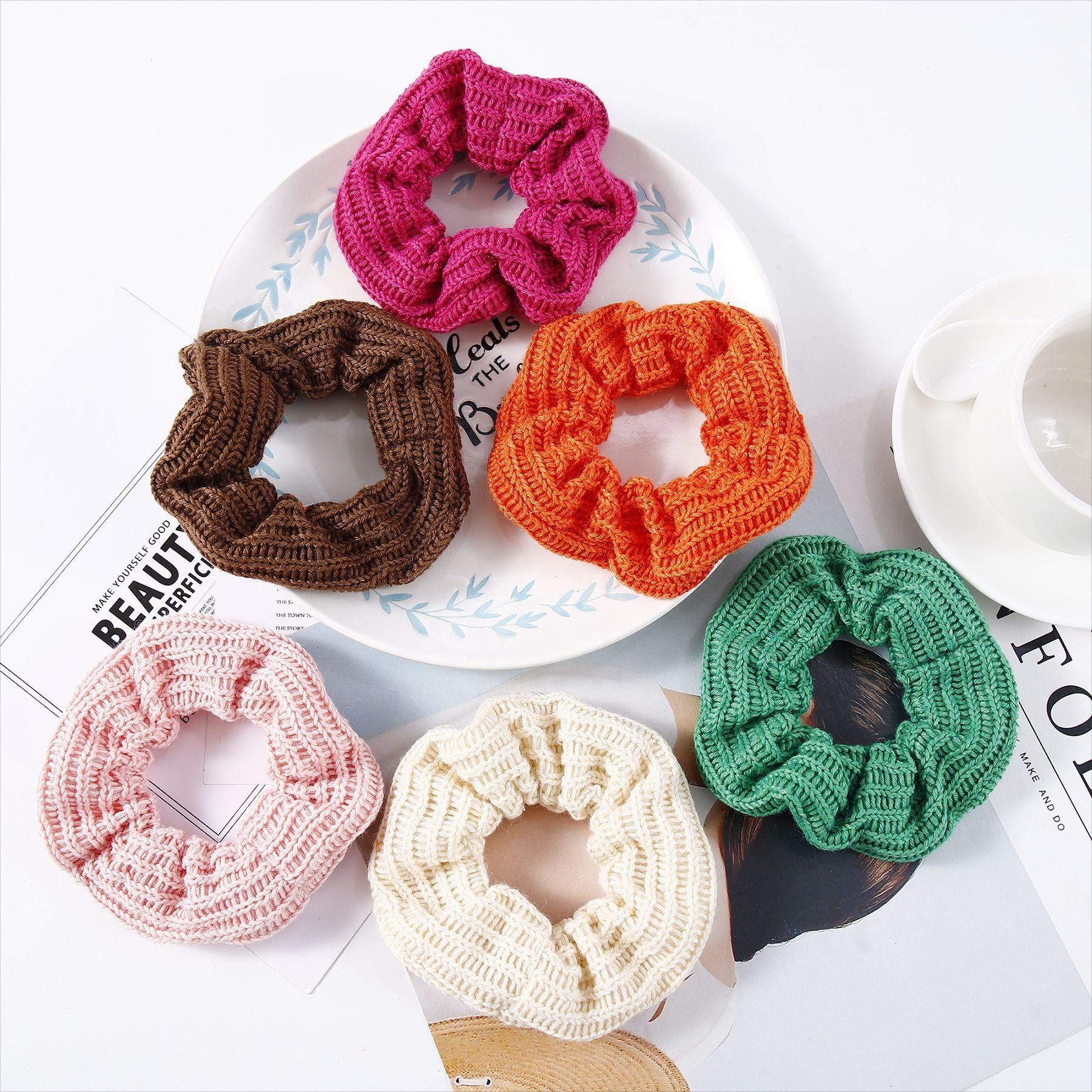Autumn Winter Ponytail Hair accessories woolen Solid Color Elastic Rib Knit Scrunchies For Women