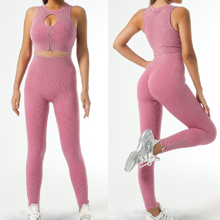 Fashion Sexy Seamless Yoga Set Gym Zipper Yoga Bra Sportswear 6 Pieces Ribbed Yoga Sets Gym Clothing Activewear Sets For Women