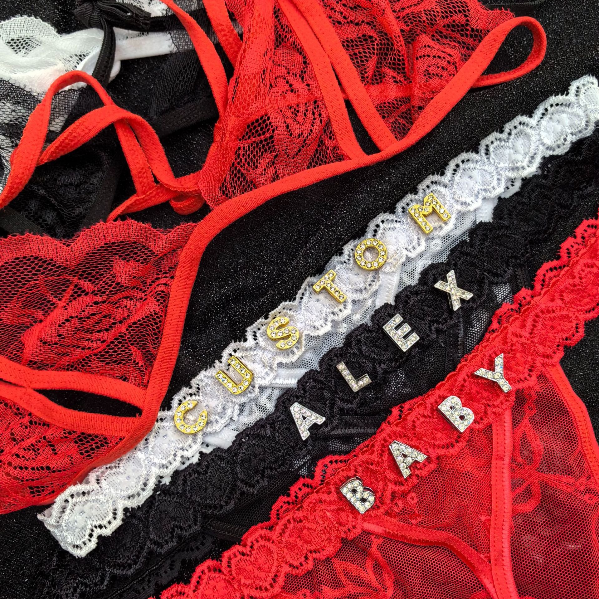Custom Letter name thong and Bra Private Labels Tangas Panties suit rhinestone letter Sexy lace G-String Underwear