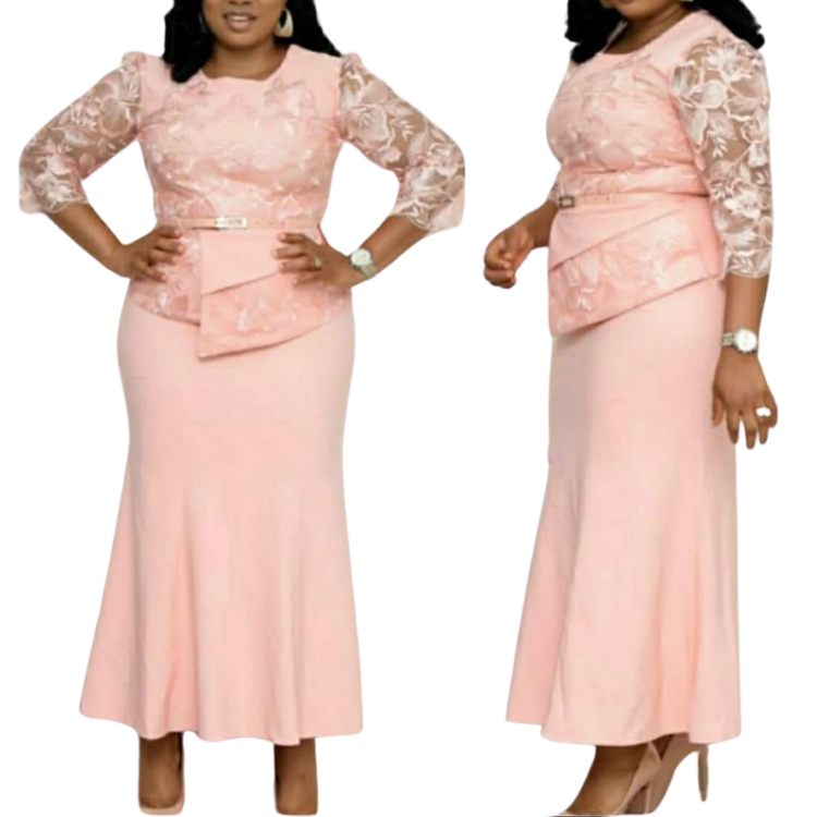 Turkey African Women Clothes Three Quarters Sleeve Plus Size Dresses For Flat Women With Belt Lace Dresses Women