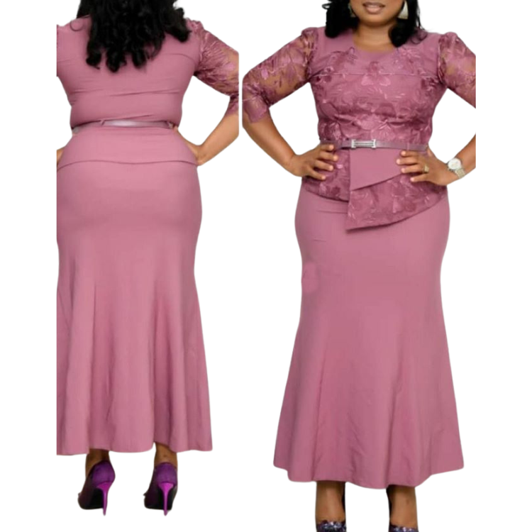 Turkey African Women Clothes Three Quarters Sleeve Plus Size Dresses For Flat Women With Belt Lace Dresses Women