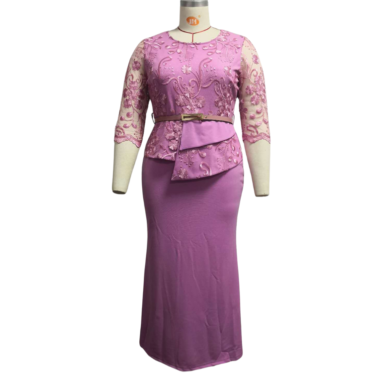 Turkey African Women Clothes Three Quarters Sleeve Plus Size Dresses For Flat Women With Belt Lace Dresses Women