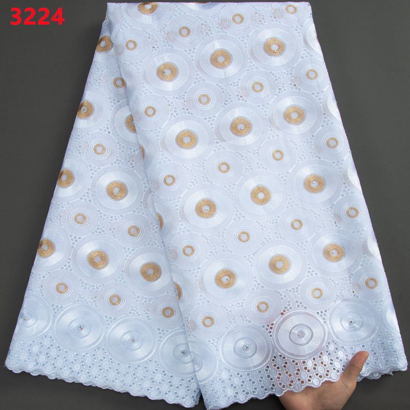 Pure White African Plain Cotton Lace Fabric with Rhinestones Wholesale Swiss Voile Lace Fabric for Women Wedding Dresses 3224