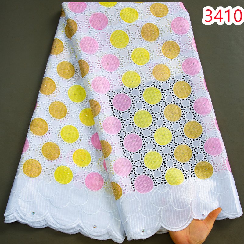 Nigerian Swiss Voile Lace Fabric with Stones 2023 New African Cotton Lace Fabric for Bridal Wedding Dresses Sew 3410