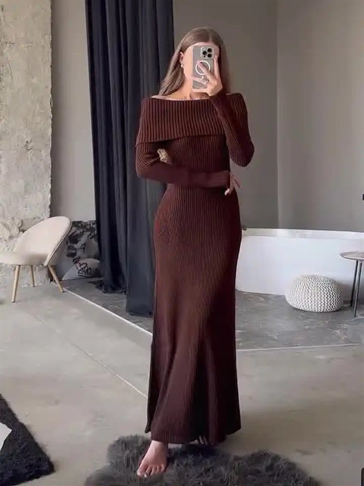 2025 Autumn Elegant Solid Color Long Sleeve Shoulder Off Body Fitting Ribbed Knit Maxi Dress Women