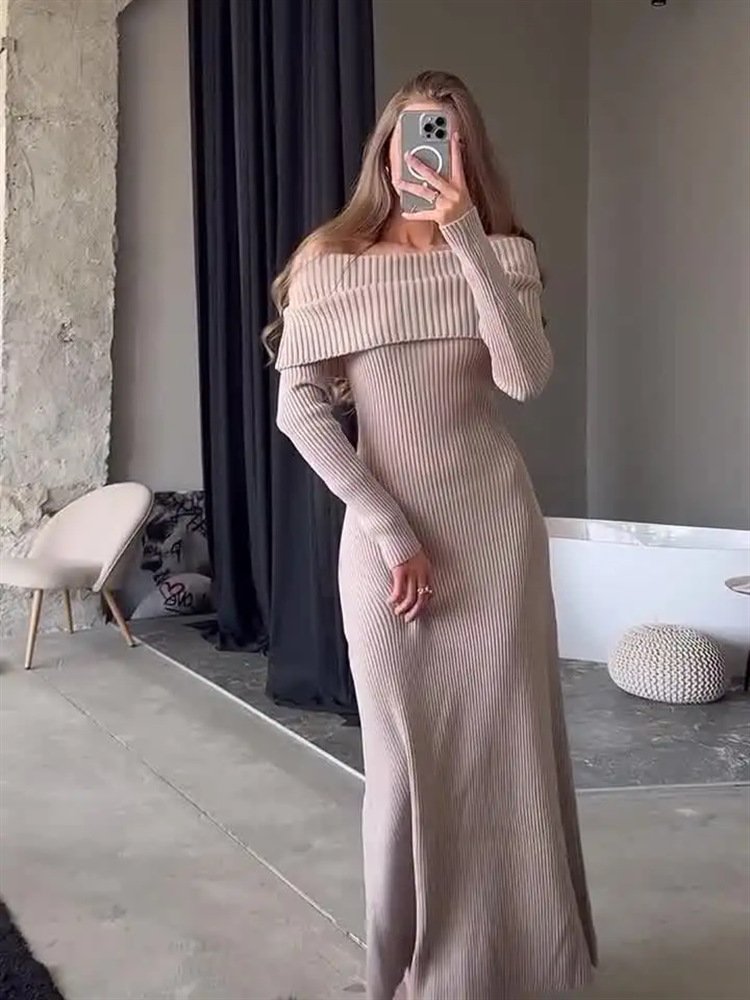 2025 Autumn Elegant Solid Color Long Sleeve Shoulder Off Body Fitting Ribbed Knit Maxi Dress Women