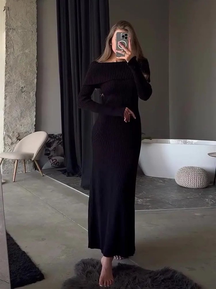 2025 Autumn Elegant Solid Color Long Sleeve Shoulder Off Body Fitting Ribbed Knit Maxi Dress Women