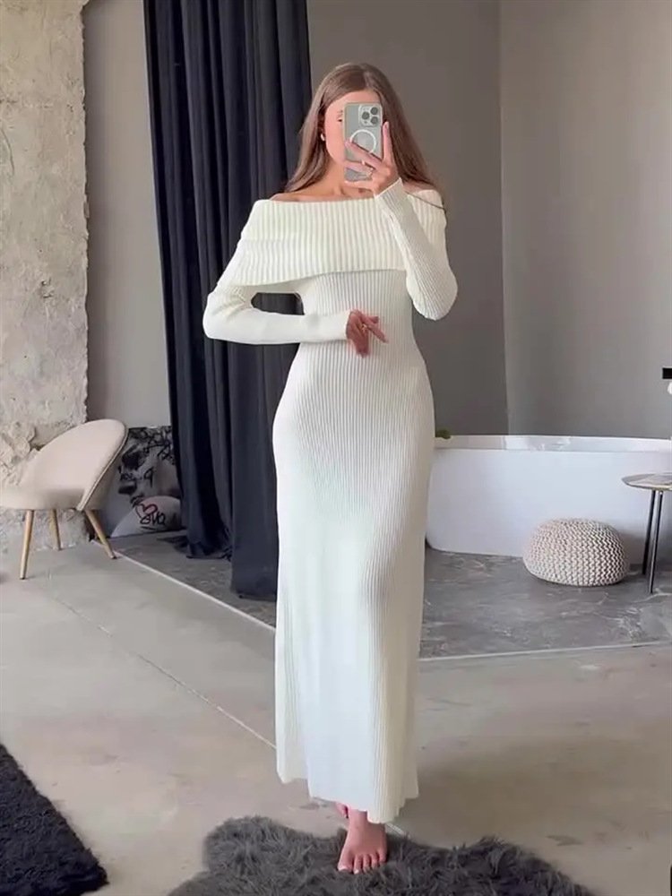 2025 Autumn Elegant Solid Color Long Sleeve Shoulder Off Body Fitting Ribbed Knit Maxi Dress Women