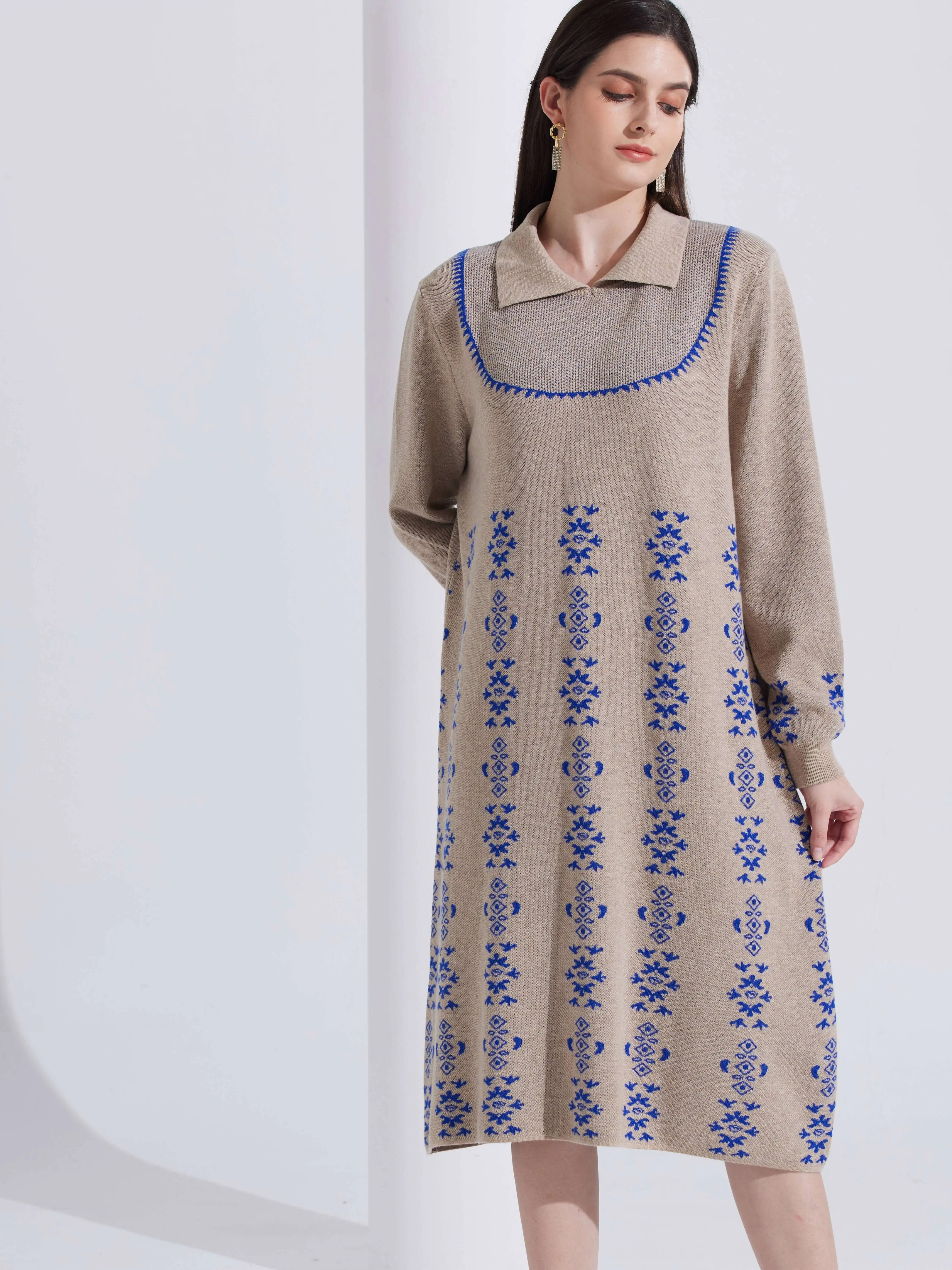 Factory Direct Price Ribbed Chunky Knit Sweater Dress Long Sleeve Cashmere Blend With Patterned Design