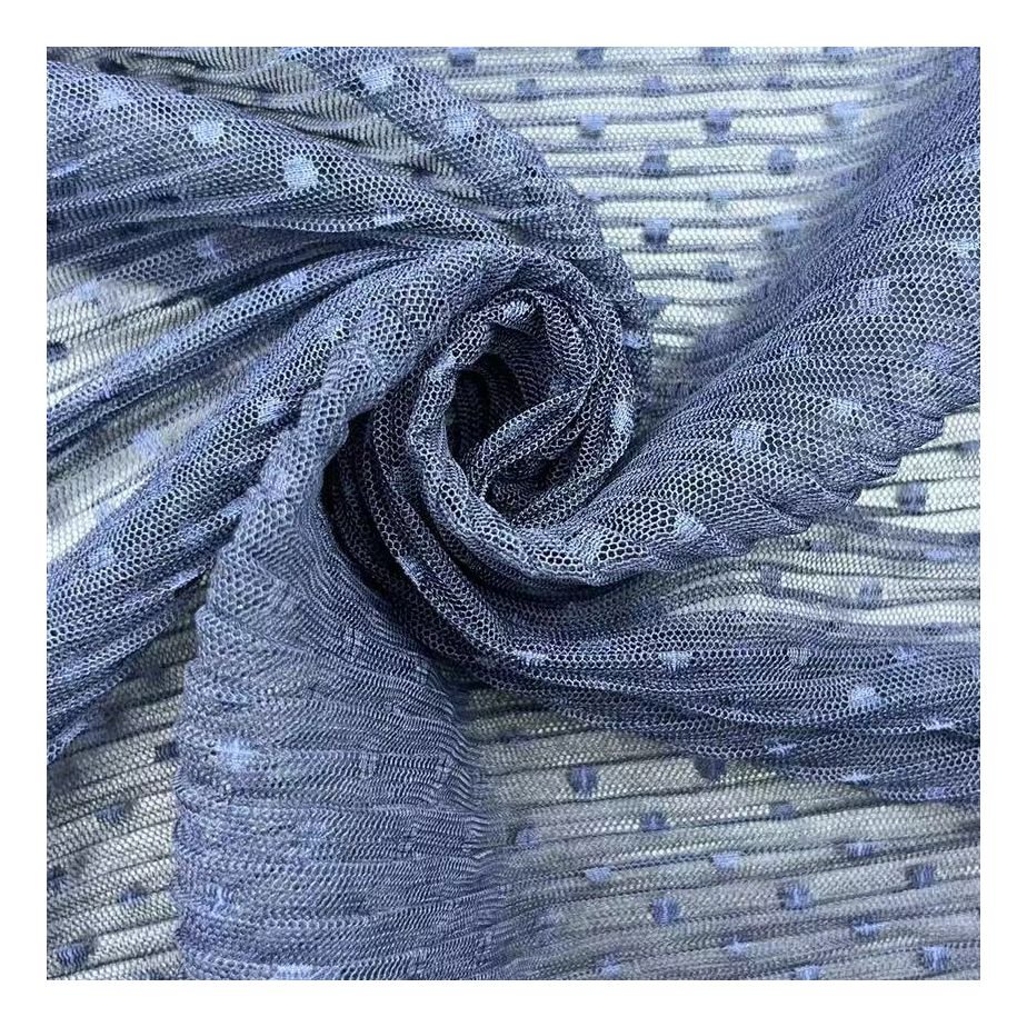 Hot Sale Embroidery Fabric 100% Polyester Crumple Wedding Soft Dark Blue Dot Tulle Fabric Materials For Dress Making
