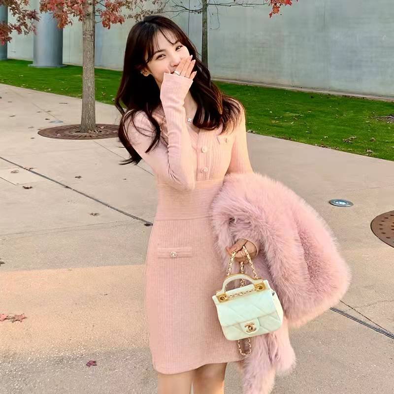 Spring and autumn color fashion sweet long-sleeved sexy bag hip hedging v-neck short rib knitted dress for women