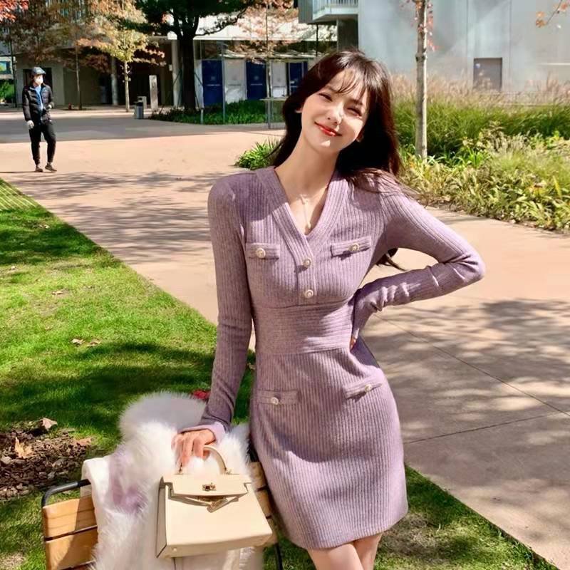 Spring and autumn color fashion sweet long-sleeved sexy bag hip hedging v-neck short rib knitted dress for women