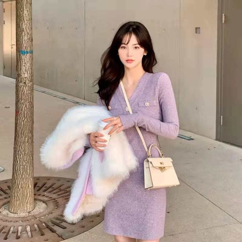 Spring and autumn color fashion sweet long-sleeved sexy bag hip hedging v-neck short rib knitted dress for women
