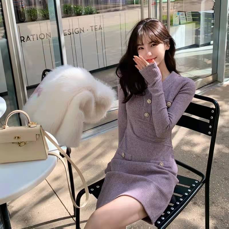 Spring and autumn color fashion sweet long-sleeved sexy bag hip hedging v-neck short rib knitted dress for women