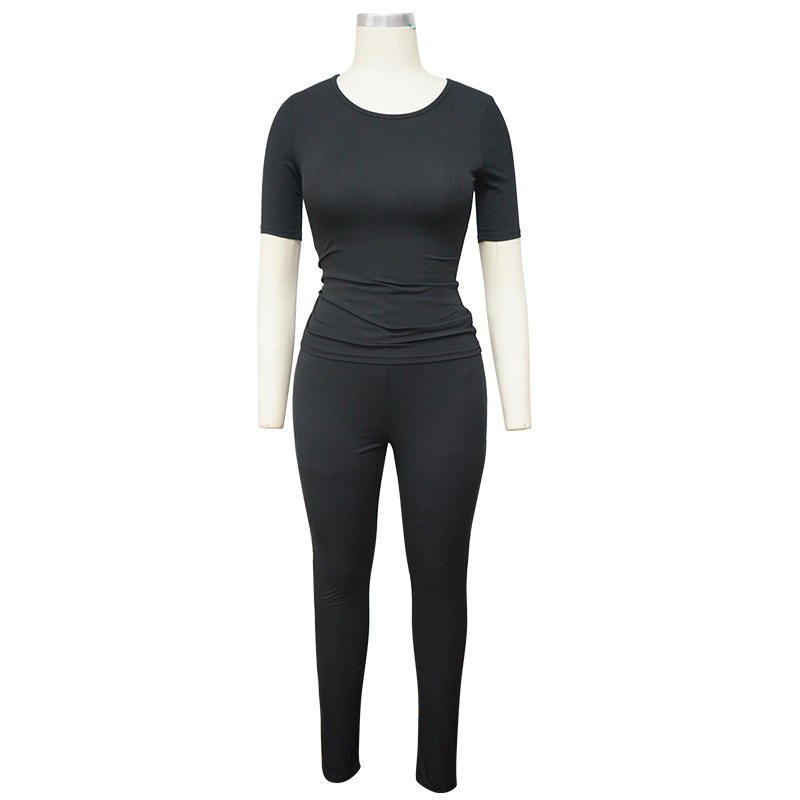 Summer Custom women clothing solid knitted ribbed two piece set short sleeves legging pant sets
