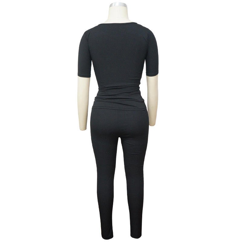 Summer Custom women clothing solid knitted ribbed two piece set short sleeves legging pant sets