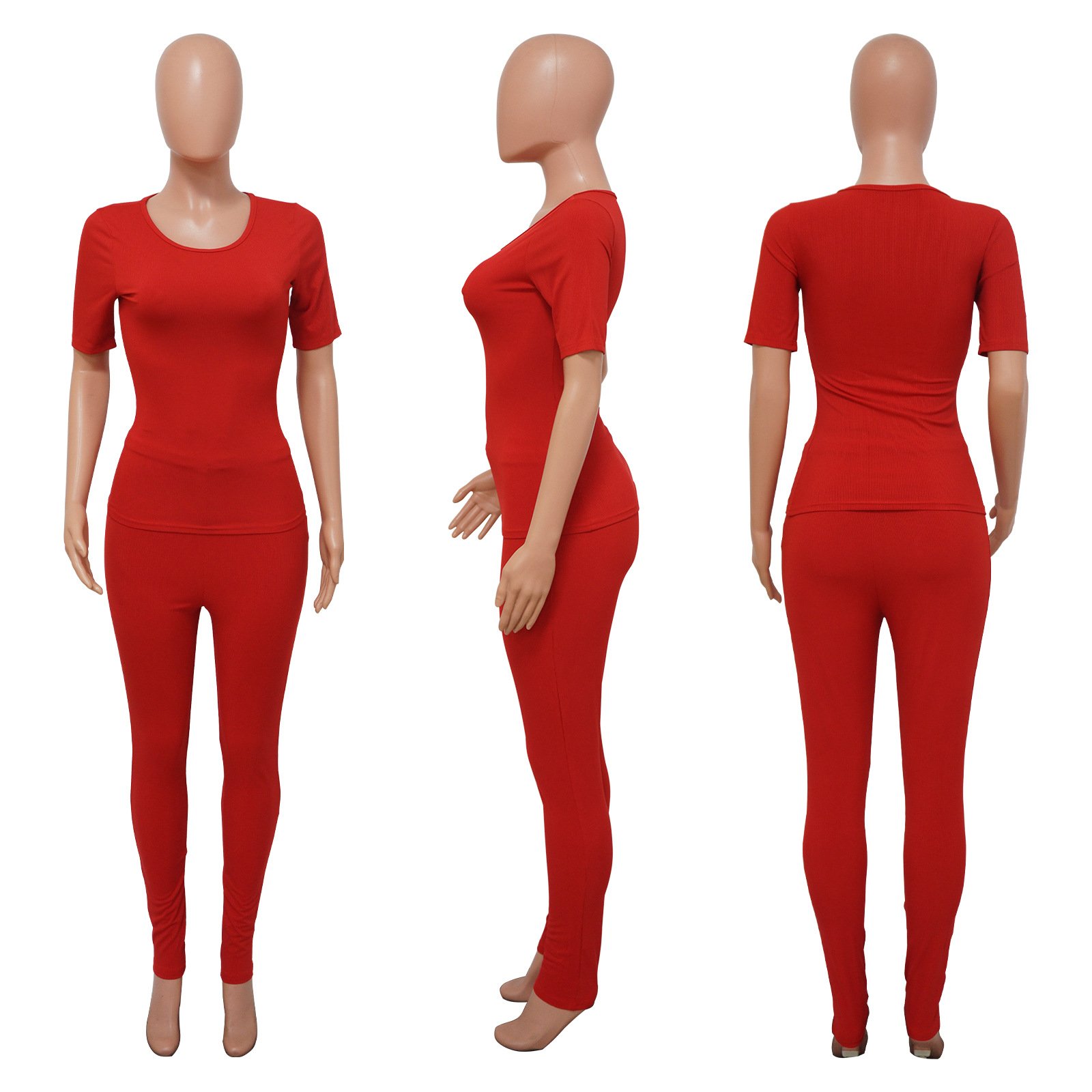 Summer Custom women clothing solid knitted ribbed two piece set short sleeves legging pant sets